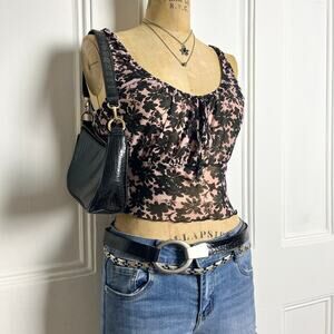 Topshop cottage fairy black mesh tank with pink floral pattern and ruffle sleeve